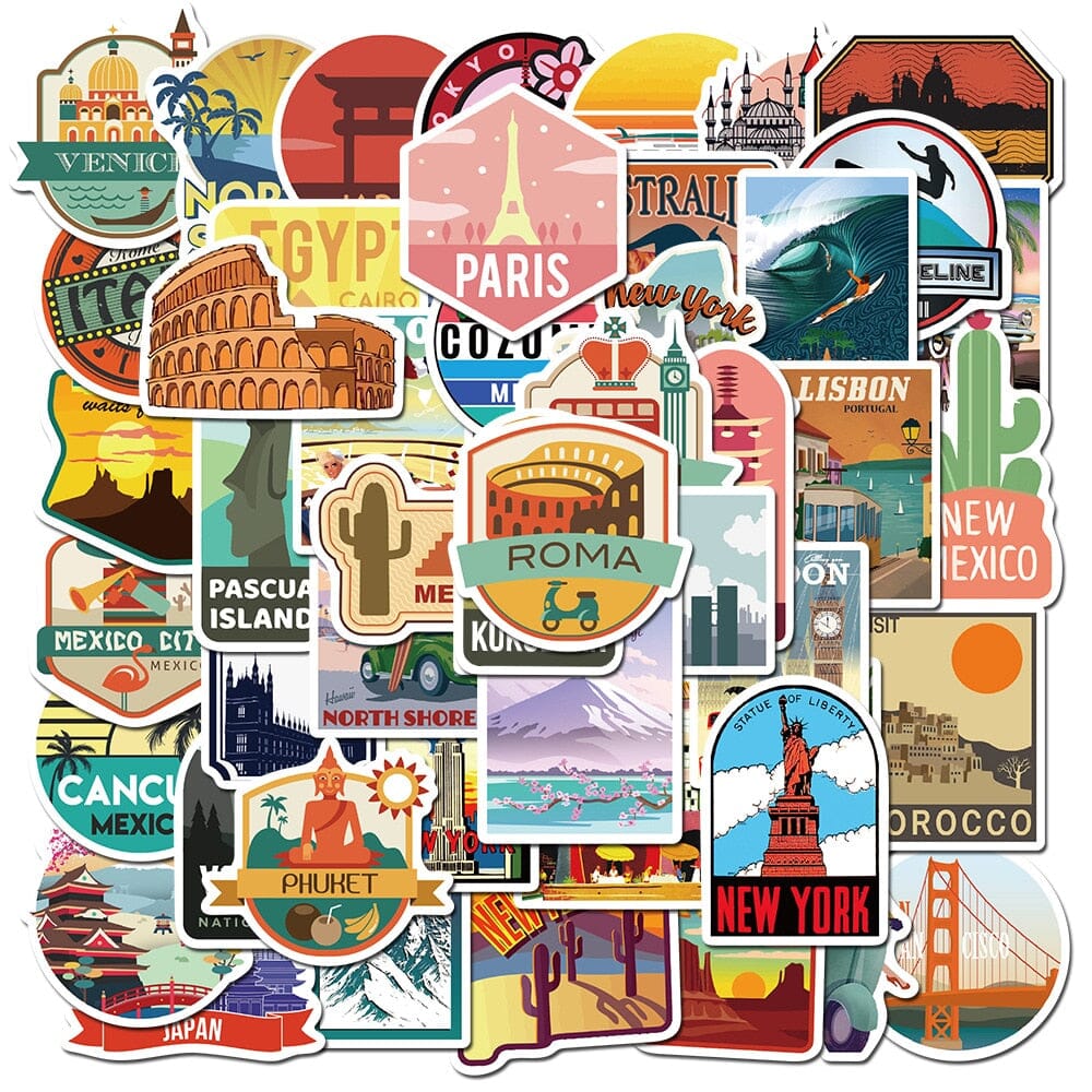 Pack de 50 Autocollants Valise Destinations